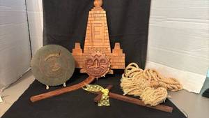 lot 1436 image: Wooden Perpetual Calendar Tower with Mask Face and Accessories and a round perpetual calendar and more
