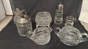 lot 1438 image: Glass Tableware Pieces Creamer Pitcher Salt Pepper Shaker Condiment