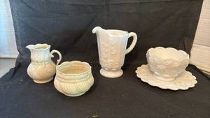 lot 1441 image: 2 piece  Cream-Colored cream and sugar and 3 piece milk glass set