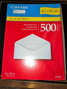 lot 1508 image: Columbian No. 10 Security Envelopes 4 18 x 9 12 in 500 Count 24 lb White Wove. Opened some missing