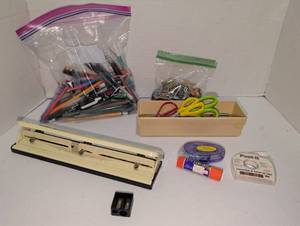 lot 1513 image: Office Supply Lot Hole Punch Scissors Tape Rubber Bands Markers