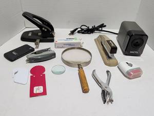 lot 1514 image: Office Supply Lot Stapler, Tape Dispenser, Hole Punch, Camera, Magnifiers, Tools
