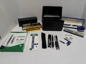 lot 1519 image: Fountain Pen Lot Scrivener Cross Waterman Ballpoint Pens Cartridges Storage