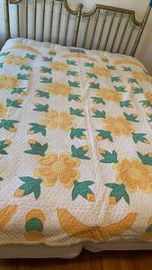 lot 1635 image: Applique Quilt Yellow Flowers Green Leaves White Ground 76X74 some stains