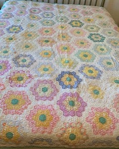 Hand sewn Quilt with Floral Hexagon Pattern Multi-Color 81X65