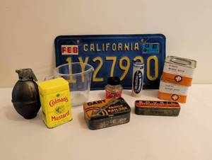 lot 1701 image: Lot of 9 Vintage Items California License Plate Colmans Mustard Boric Acid and more