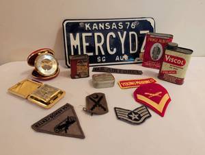 lot 1702 image: Military Memorabilia Lot Kansas License Plate Patches Clock Tobacco Tin and more