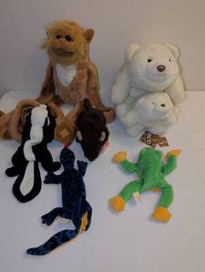 lot 1730 image: Lot of Plush Stuffed Animals Bears some beanie babies Monkey Frog Various Sizes