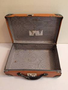 lot 1742 image: Small Hardside Suitcase Luggage Orange with Black Corner Protectors. Broken latch. 12x3x9