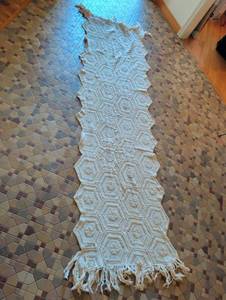 lot 1758 image: Crocheted Table Runner with Fringe Hexagon Bobble Pattern Cream 28x100