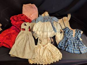 lot 1815 image: Lot of 6 Doll Dresses with Patterns Red Blue Cream Checkered Gingham