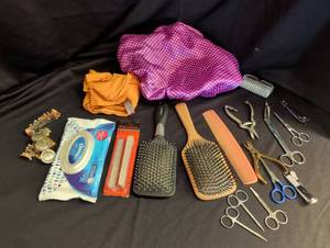 lot 1823 image: Hair Care and Nail Tools Lot - Brushes, Scissors, Combs, Revlon Clips, Wipes