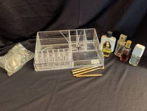 lot 1826 image: Acrylic Cosmetic Organizer with Perfume Bottles and Makeup Brushes Lot