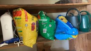 lot 2004 image: Garden Supplies Lot&nbsp Soil Mix Bags, Watering Cans &amp Round up Spray Bottle