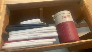 lot 2118 image: Misc bin lids and Coleman water jug