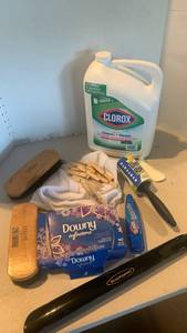 lot 2126 image: Clorox Cleaner  Bleach 128 oz with Cleaning Supplies and paper towel holders and trash can