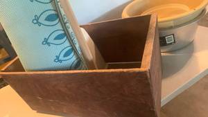 lot 2127 image: Wooden Storage Box, basins, toilet brush and plunger and more