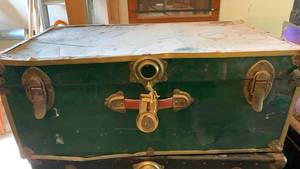 lot 2401 image: Vintage Green Storage Trunk with Wood Slat Interior and Brass Hardware 1230X16