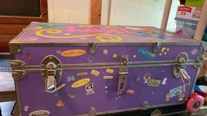 lot 2404 image: Purple Decorative Storage Trunk with Metal Hardware and Stickers 13X32X18
