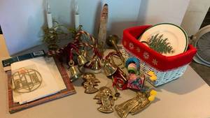 lot 2412 image: Holiday Decorations Lot Brass Bells Ornaments Candelabra Plate