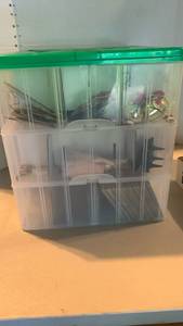 lot 2418 image: Multi-Compartment Ornament Storage Organizer with Green Top 3-Tier with Christmas ornaments