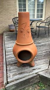 lot 3003 image: 36 inch tall Terracotta Chiminea with Embossed Floral Design