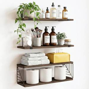 lot 3997 image: Fixwal Bathroom Floating Shelves Over Toilet, 15.8in Farmhouse Rustic Wood Shelves, Wall Decor for Bathroom, Living Room, Bedroom and Kitchen (3 Plus 1 Tier Dark Brown)