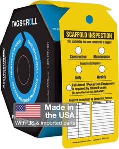 lot 12361 image: Accuform 100 Inspection and Status Tags by-The-Roll, Scaffold Inspection, US Made OSHA Compliant Tags, Waterproof PF-Cardstock, Resists Tears, 6.25x3, TAR736