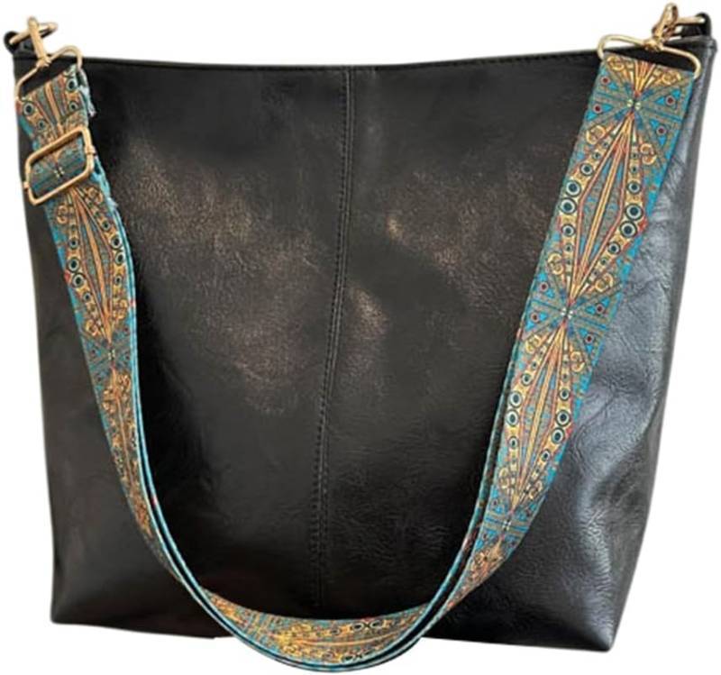 lot 17111 image: Vegan PU Leather Crossbody Hobo Bag with Zipper Black Stylish Shoulder Purses for Women Wide Guitar Strap Tote Bucket Bag for Working, Shopping, Traveling, Meeting, Daily Use