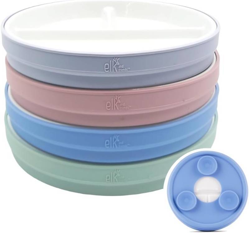 lot 19874 image: Elk and Friends Kids 6.7 Porcelain Divided Plates with Silicone Suction Sleeves  Suitable for BabiesKidsToddlers  Microwave & Dishwasher Safe  Non Slip  Snack Dishes  4 Suction Sleeves and 2 Porcelain Plates