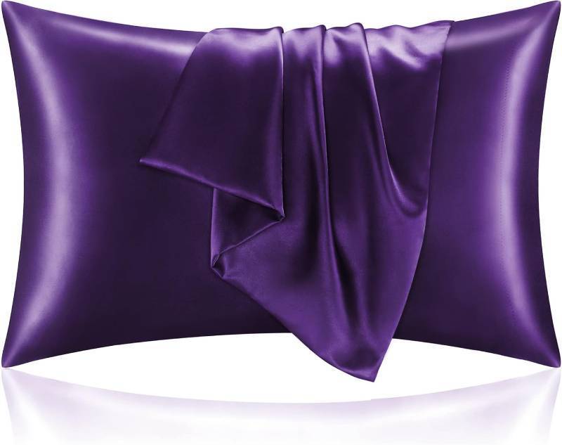 lot 19931 image: BEDELITE Satin Pillowcase with Zipper 2 Pack, Plum Purple Pillow Cases Standard Size, Super Soft and Cooling Similar to Silk Pillow Cases, Gift for Women Men(20x26 Inches)