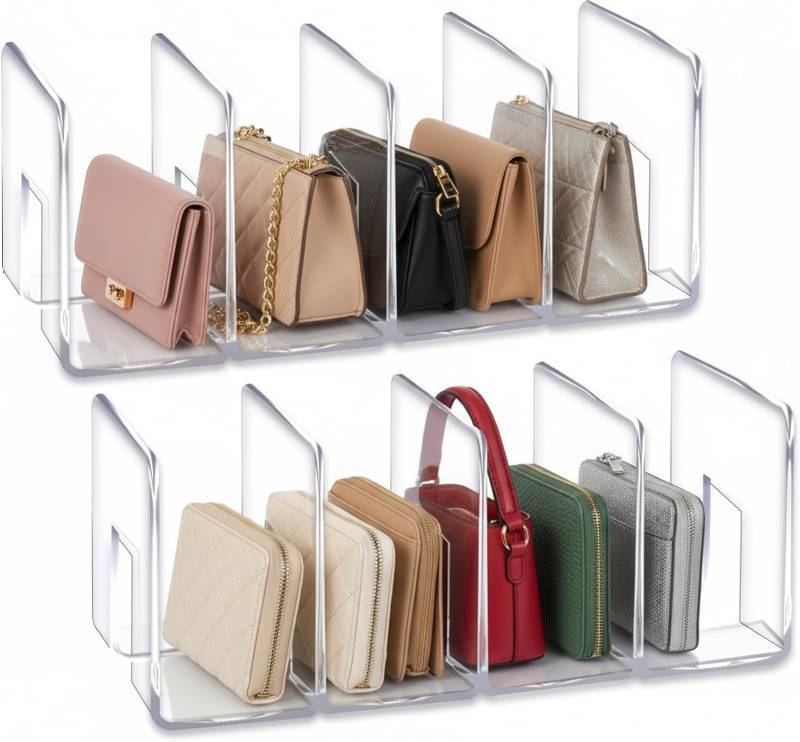 lot 18086 image: YAGELI Clear Acrylic Purse Organizer for Closet, 3-4 Section Desk File Sorter, 2.95 Wide Slots for Clutches, Handbags, Binders & Folders, Sturdy Stackable Bookshelf Organizer