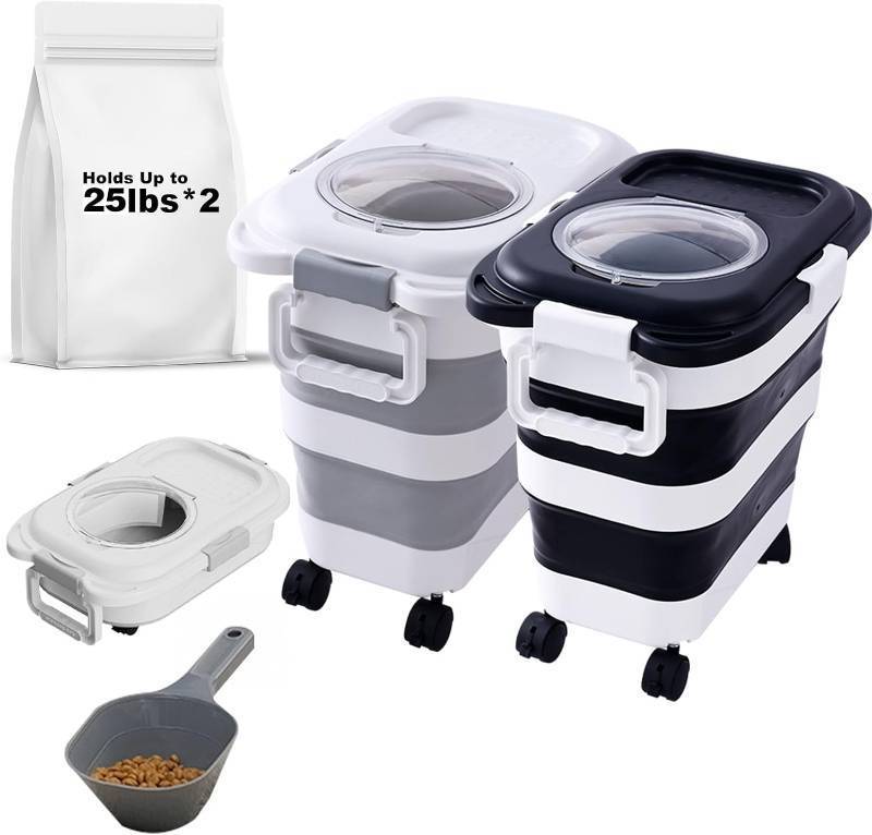 lot 22410 image: SEWIU 2pack 25 lbs Dog Food Storage Container,Collapsible Dog Food Container with Scoop,PetDogCatBird FoodCat litter Storage Containers to Keep Dry,Easy to Move.(Blackwhite)