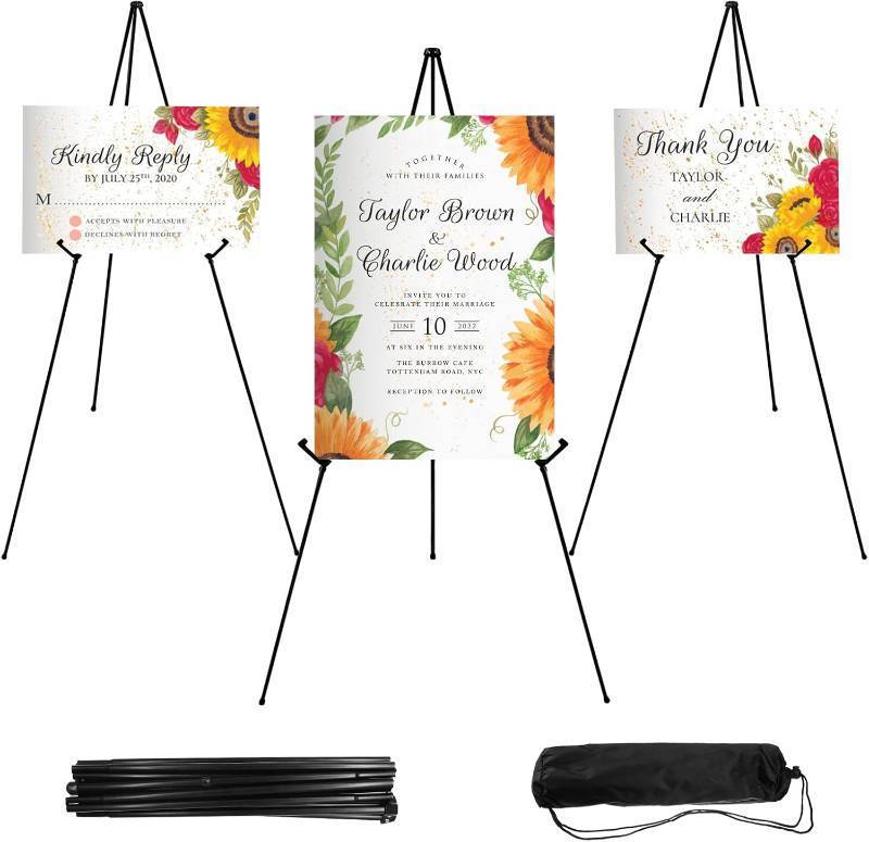 lot 22896 image: JEAWIWI 3PCS Black Lightweight Easel Stand for Wedding Signs, 66 Inch Adjustable Display Easel, Metal Poster Stand for Wedding, Art Display & Signs with Portable Bags