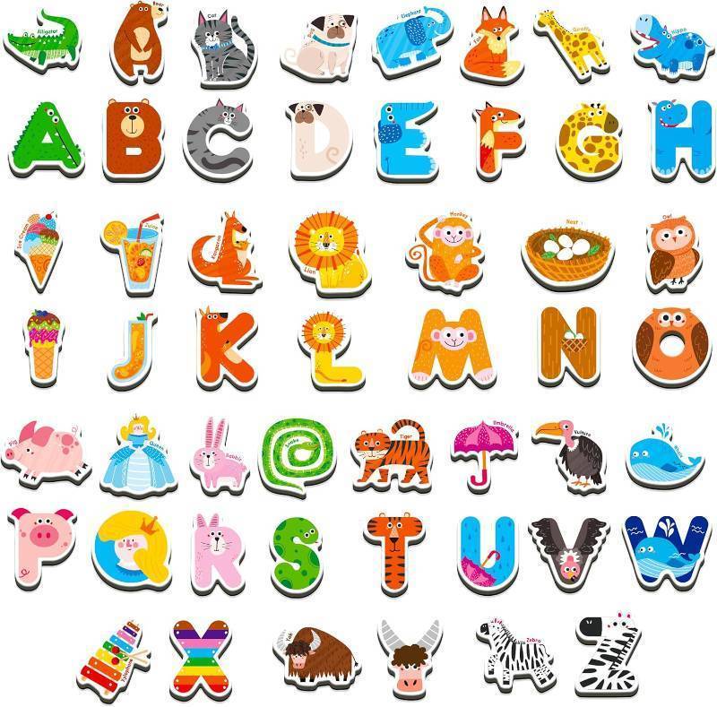 lot 37769 image: 52 Magnetic Letters & Animals, Uppercase Letter Fridge Magnets Refrigerator Decors Alphabet Words Cognition Educational Learning Tool for Kids, Toddlers