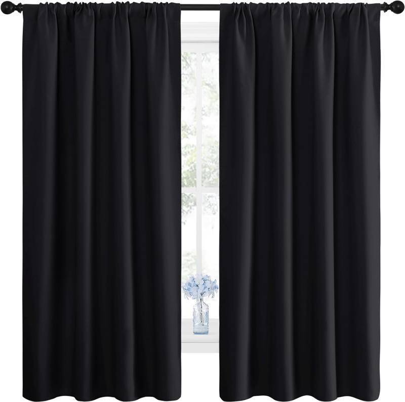 lot 19663 image: NICETOWN Black Blackout Curtain Blinds - Solid Thermal Insulated Window Treatment Blackout DrapesDraperies for Bedroom (2 Panels, 42 inches Wide by 63 inches Long, Black)