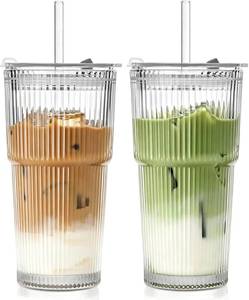 lot 27258 image: TUZAZO 20 Oz Ribbed Glass Tumblers with Lids and Straws - 2 Pack Reusable Glass Iced Coffee Cups with Straws and Lids, Thicken Glasses, Ideal for Smoothieds, Cocktails, and Juices