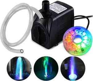 lot 27259 image: PULACO 160GPH Small Fountain Pump, 10Watt Submersible Pump with Automatic Color Changing LED Light and 3.3 ft Tubing for Water Feature, Outdoor Pond, Aquarium fish tanks