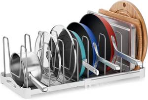 lot 27273 image: EVERIE Adjustable Bakeware Organizer Pot Lid Holder Rack for Pots, Cake Molds, Cutting Boards, Mats, Cookware, GS02SS, 7.7 Deep by 12.6 to 21.5 Wide