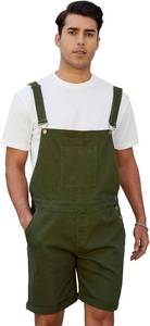 lot 27274 image: LONGBIDA Mens Denim Overalls Shorts Stretchy Work Jean Bib Jumpsuit Size 32 Color Green