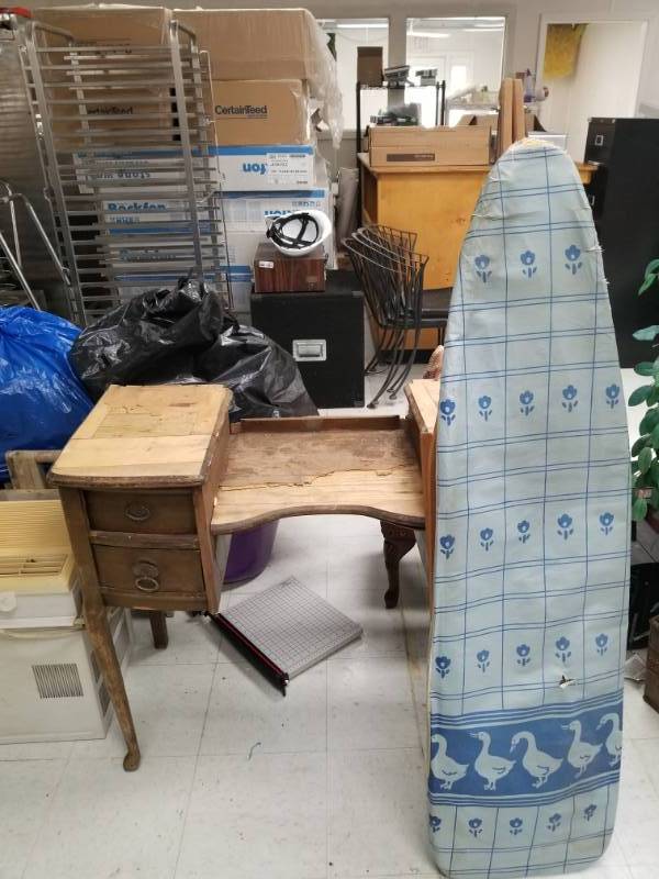 lot 6578 image: Vintage Dressing Table (NO Mirror) 4 Drawers and Wood Ironing Board w Cover