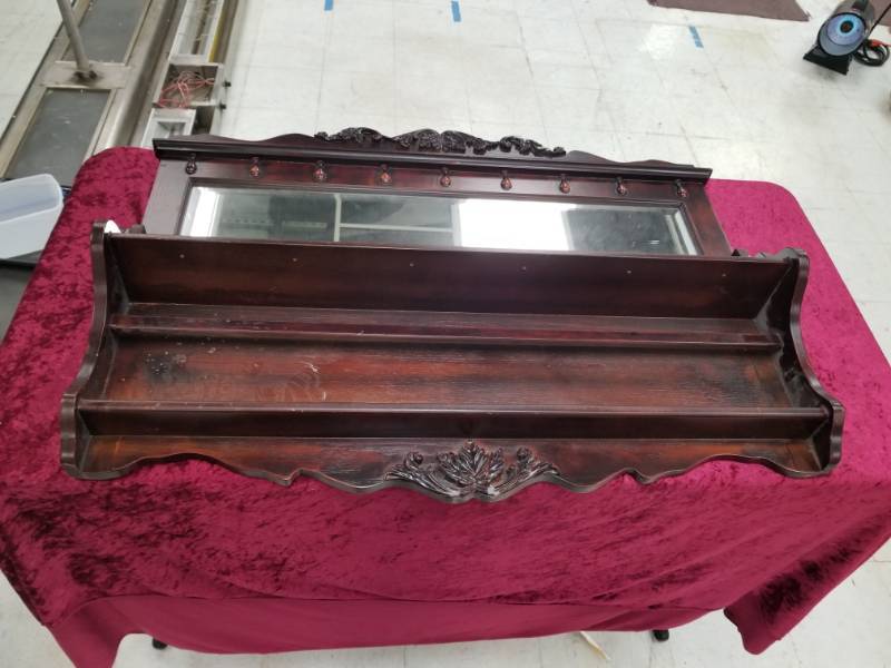 lot 6592 image: Mahogany Beveled Mirror Shelf Hanging Piece