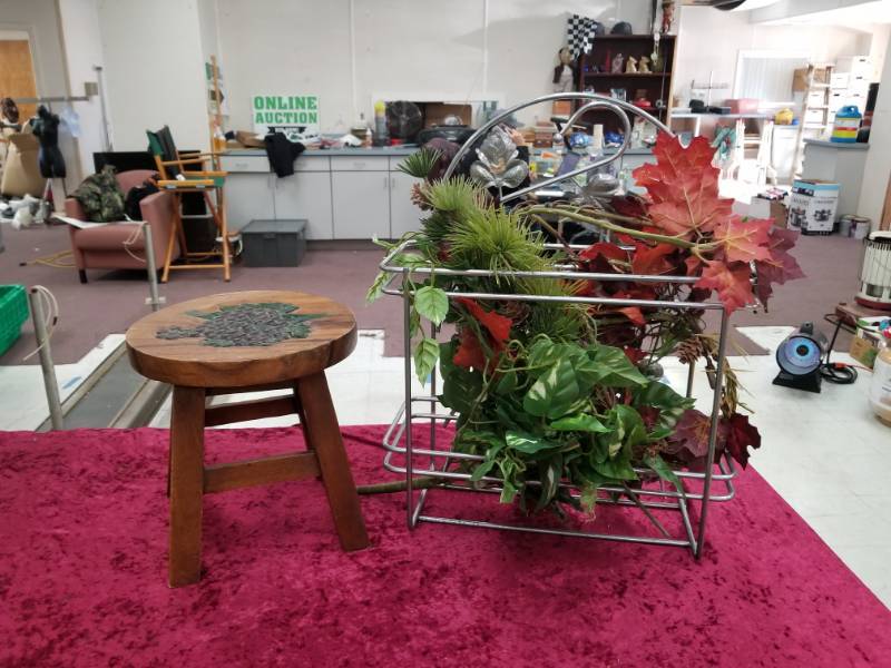 lot 6613 image: Wooden Stool and Metal Shelf with Various Greenery Sticks