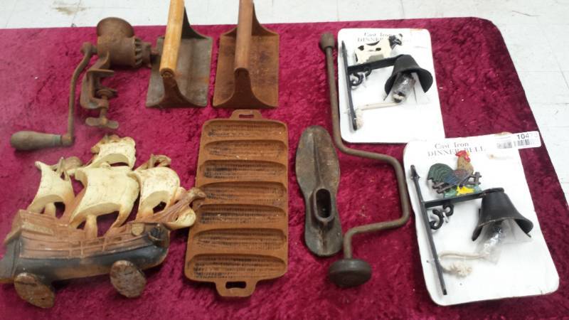 lot 10473 image: Cast Iron Lot -Door Stop, Dinner Bells, Bacon Press�