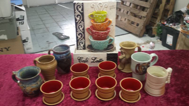 lot 10480 image: Coffee Cups, Small Planters, Coffee Dcor Pieces