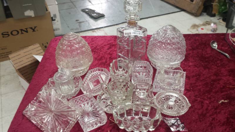 lot 10483 image: Clear Glass Lot - Light Shades, Liquor Bottle, Dishes