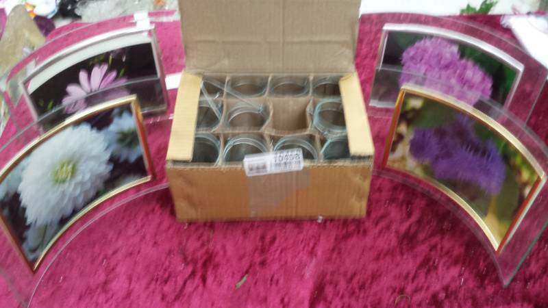 lot 10458 image: Four Curved Glass Photo Frames & Box of Hanging Votive Cups