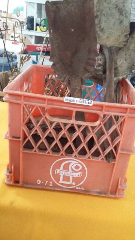 lot 10443 image: Crate of Circular Saw Blades, Fireplace Ash Shovels & Metal Rack