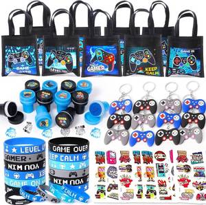 lot 6065 image: 60Pcs Video Game Party Favors Gamer Birthday Party Supplies for Kids Non Woven Bags Silicone Bracelet Stamper Keychain Glow Sticker Game on Gift Goodie Treat Bag Fillers Boy Gaming Party Favors