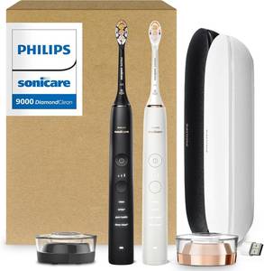 Philips Sonicare DiamondClean 9000 Electric Toothbrush - Sonic Toothbrush with App, Pressure Sensor, 12 Brushing Settings, Replacement Reminder, USB Charging Case, Black & Rose Gold, 2-Pack, HX9912/71